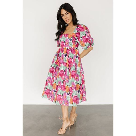 Baltic Born Pink Floral Print Dress Sz Large Square Neck Pockets Balloon Sleeve - Picture 1 of 10